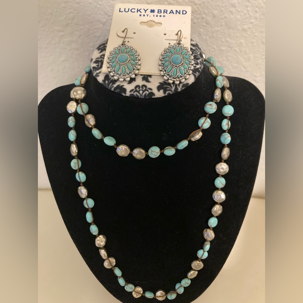 Lucky Brand Turquoise and Silver Necklace and Earrings Set